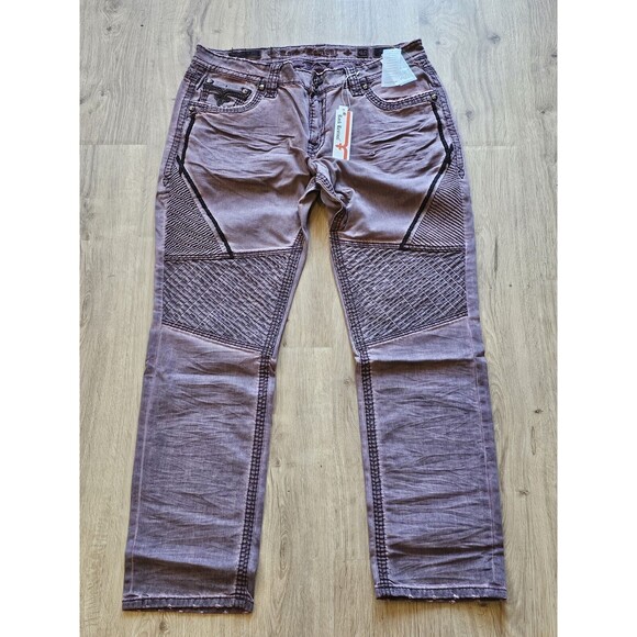 ROCK REVIVAL MOTO JEANS REID BIKER SZ 40Wx32L EMBROIDERED BURGUNDY New With Tags